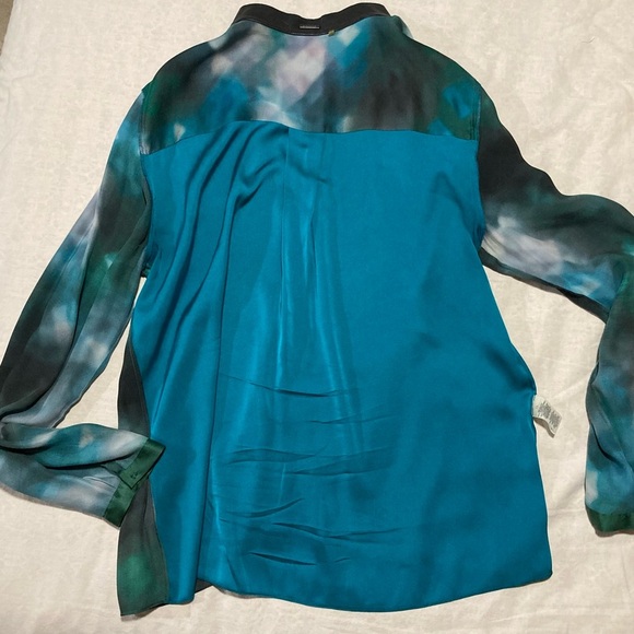 Ellie Tahari Silk + Elastane Blouse in Teal Blue+Forest Green - Some Flaws - Picture 10 of 16
